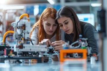 Female college students building machine in science class.