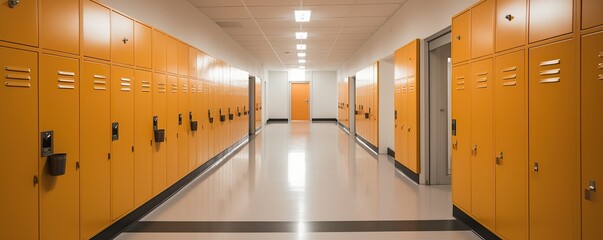 School corridor room with orange lockers for storing things
