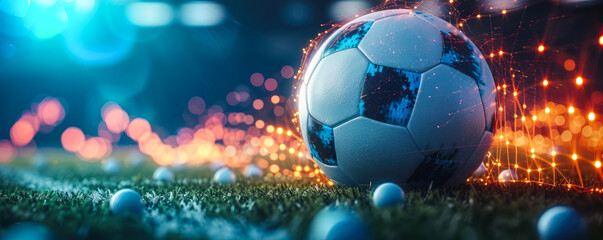 Soccer ball on the field with dynamic digital graphs, showcasing the integration of sports analytics and online betting in the world of soccer - obrazy, fototapety, plakaty