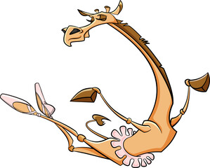 Illustration of a happy cute and funny giraffe ballerina character, jumping in a dancing movement, wearing ballet tutu and ballet point shoes on a transparent background, isolated