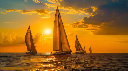 Sailboat at sunset at open sea, competitive. - obrazy, fototapety, plakaty