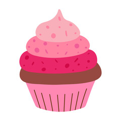 chocolate cupcake with pink whipped cream, food vector illustration, baked sweets, flat style muffin