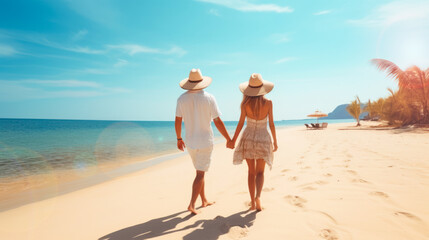 Beach holiday, honey moon. A beautiful woman in a straw hat and a man walking along the ocean beach enjoying a sunny summer day. Perfect summer vacation. Travel agency poster