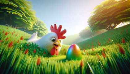 giant chicken with a surprised look at a colorful egg, set in a grass landscape