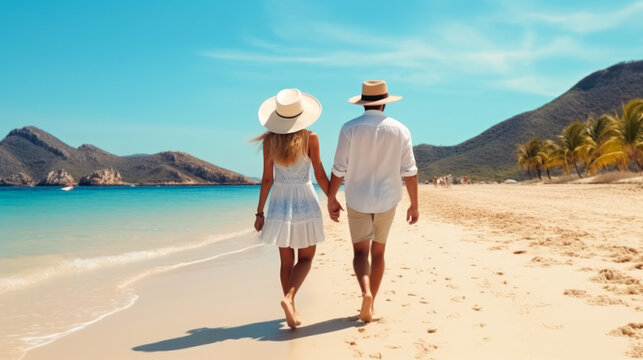 Beach holiday, honey moon. A beautiful woman in a straw hat and a man walking along the ocean beach enjoying a sunny summer day. Perfect summer vacation. Travel agency poster - Powered by Adobe