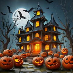 Fototapeta na wymiar Free Photo Halloween house with pumpkins and bats Ai generated 