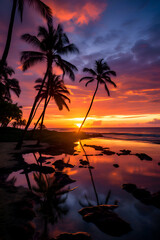 Fototapeta na wymiar Tropical beach at beautiful sunset with coconut palm tree. Nature background