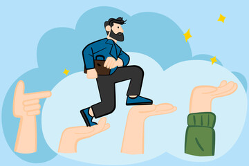 Man is going up. Concept of business growth, career, success and help, training.
