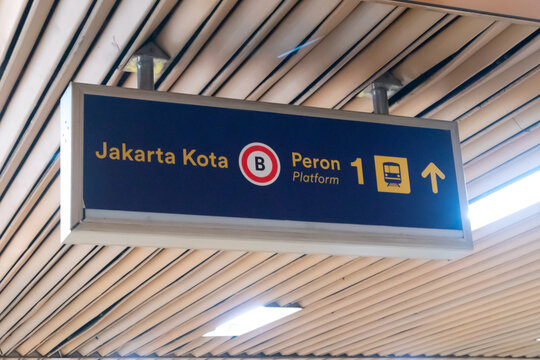 Jakarta, Indonesia - February 08, 2024: Directional sign at the commuter line train station in Jakarta