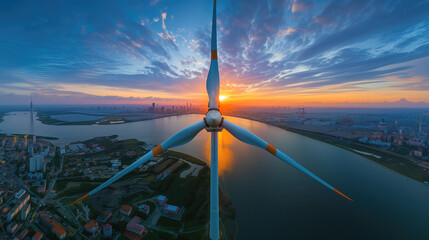 A breathtaking view from atop a wind turbine overlooking a river and cityscape at sunrise. - obrazy, fototapety, plakaty