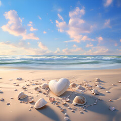Fototapeta na wymiar Beautiful seascape with seashells in the shape of heart