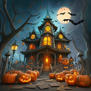 Free Photo Halloween house with pumpkins and bats Ai generated 