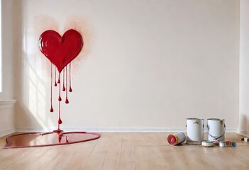 Love concept. Wooden ladder near white wall with big red painted heart