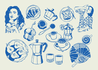 Abstract boho style food and beverages vector illustrations for your wall art gallery, logo design, wallpaper	