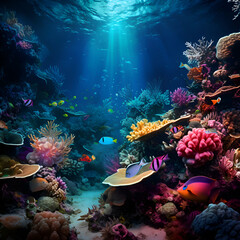 Tropical coral reef with fishes and corals. Underwater world.