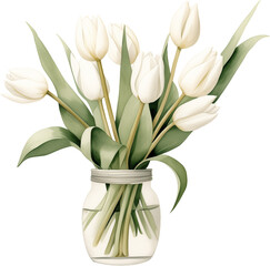 Bouquet of white tulips in vase. Generative AI.
