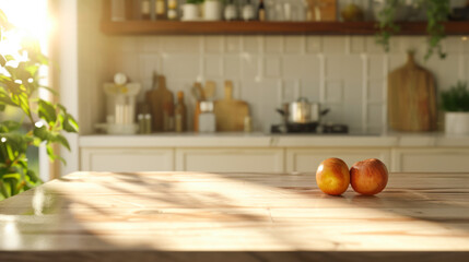 Empty Beautiful wooden tabletop and blur bokeh of light kitchen interior background with sunlight. Clean and bright. Ready for product montage. Product place. Mock up to display the product.