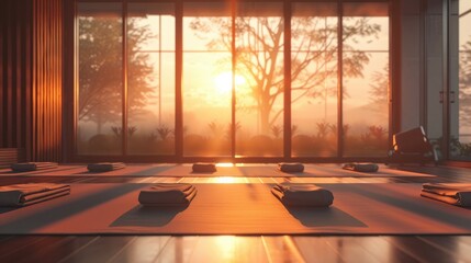 Calm yoga studio at sunrise mats laid out zen atmosphere - obrazy, fototapety, plakaty