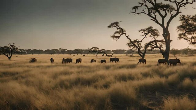 A group of elephants move steadily across a parched grassy landscape, A captivating scene of Savannah with wildlife in distance, AI Generated