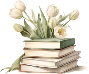 Bouquet of white tulips on books. Generative AI.