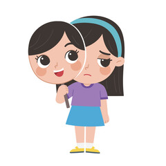  A girl holding mask of her happy face.