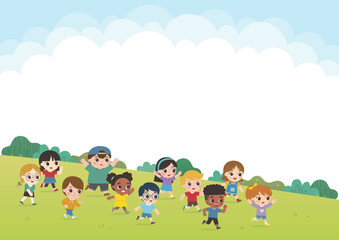 Happy Kids are walking on the park with cloud background. Children's activities.Template for advertising brochure.