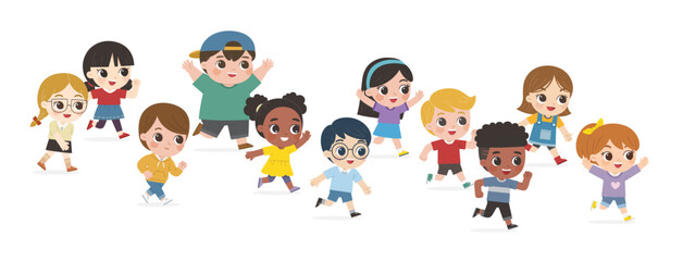 Obraz na płótnie Canvas Happy Kids are walking on white background. Children's activities. Back to school.