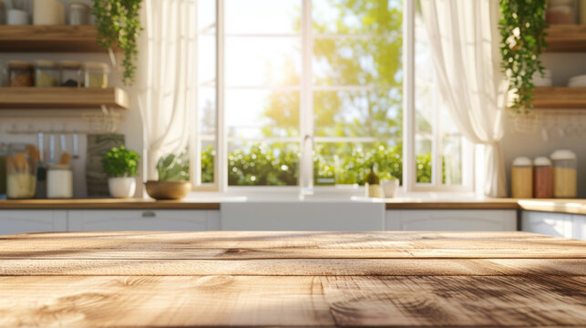 Beautiful Wooden countertop against a blurred kitchen counter with sunshine. For mounting a product display or visual design layout. Free product place. Mock up to display the product.