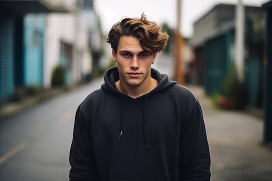 Portrait of a handsome young man with trendy hairstyle, wearing a black hoodie.