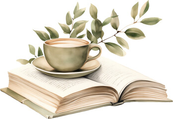 Green cup of coffee on an open book. Watercolor green branch. Generative AI.