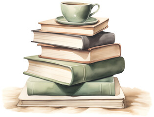 Stack of books and a green cup. Generative AI.