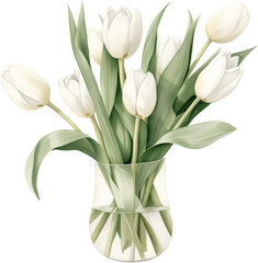 Bouquet of white tulips in vase. Generative AI.