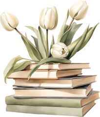 Bouquet of white tulips on books. Generative AI.