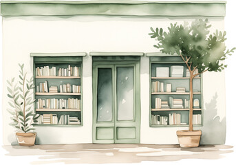 Watercolor illustration of a bookstore. Generative AI.