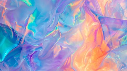 Fototapeta na wymiar Blurred Holography abstract background in blue pink colors. Holographic color wrinkled pearlescent foil. Holographic iridescent rainbow fabric abstract background