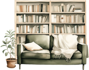 Green sofa in front of a bookshelf. Generative AI.