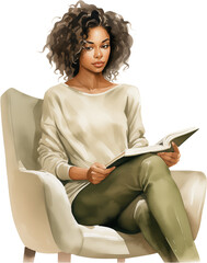 Woman reading a book on an armchair. Generative AI.