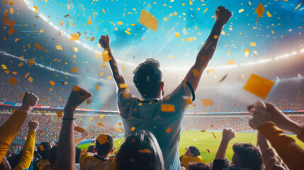 Excited sports fan celebrating the victory of his team standing up and rising his hands. People chanting and cheering for their soccer team. People watching football match. Concept of competition - obrazy, fototapety, plakaty