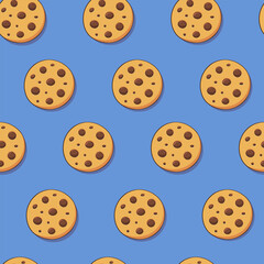 Seamless pattern of chocolate chip cookie vector illustration. Chocolate crisps cookies, drops. Cartoon style. Isolated element. Traditional bakery or dessert. Illustration for cafe menu, restaurant.