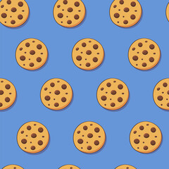 Fototapeta premium Seamless pattern of chocolate chip cookie vector illustration. Chocolate crisps cookies, drops. Cartoon style. Isolated element. Traditional bakery or dessert. Illustration for cafe menu, restaurant.