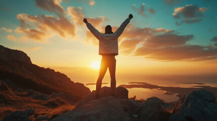 Happy man raised his hands at sunset in mountains. Travel, Lifestyle. adventure, summer vacation, outdoors hiking, mountaineering, harmony with nature. success, achievement, power concept