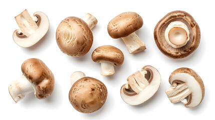 Set of fresh whole and sliced champignon mushrooms isolated on white background. Top view