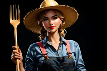 emoji of a female farmer with denim overalls straw hat pitchfork in hand.