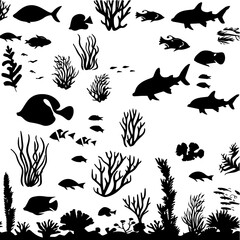 Black silhouettes of fish on white background. Seamless pattern. Vector illustration. AI generated illustration.
