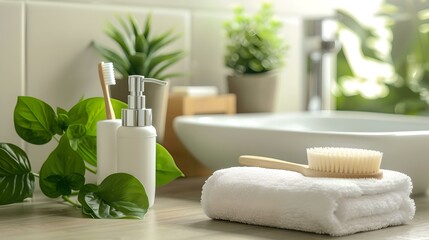 Fototapeta na wymiar Eco-friendly bathroom essentials on a wooden countertop. greenery in interior design scene. sustainable living home decor. AI
