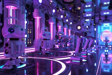 A 3d render of futuristic robots on a stage.