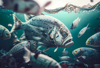 watercolour style fish swimming in school emerging from contaminated water full of garbage and dead fish, Marine plastic pollution generative ai