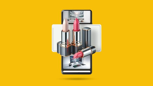Shopping products that come out of the mobile phone. E-commerce and sales animation with smartphone.