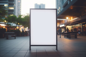 Blank white vertical digital billboard poster on city with skyscraper, people, mockup for advertisement, marketing - obrazy, fototapety, plakaty
