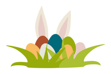 Easter background with Eggs and Rabbi in grass. Egg Hunt Vector Flat illustration isolated on White. Holiday Design Element For Greeting Card, Postcard, Banner, Decoration. Colorful Celebrate Template